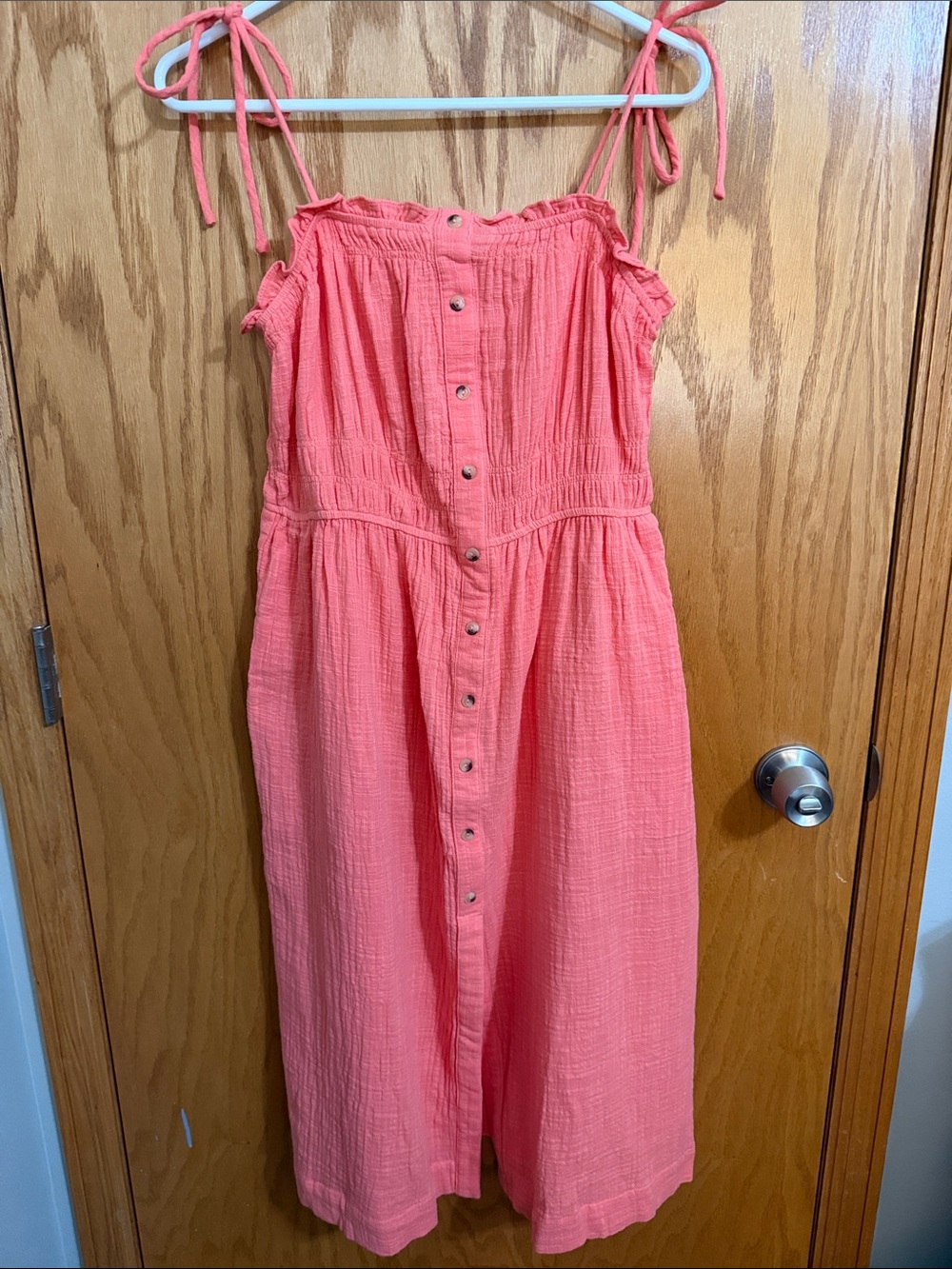 Hem & Thread Coral Tie-Strap Button-Front Midi Dress with Pockets